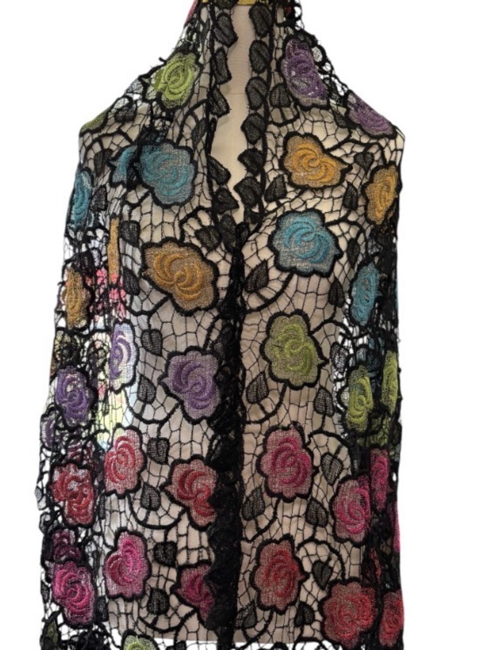 Black Lace Floral Mantilla Shawl/Chapel Veil with Multicolor Embroidery SKU 22